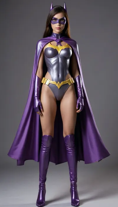 Asian Cyborg Batgirl, grey-purple-cape, full body view 21-year-old, petite, big breasts, nude, shaved vagina-facing viewer, clear background.