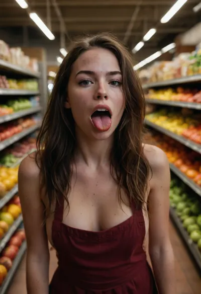Woman in a grocery, dark messy long hair, a few of hair strands are hanging loosely on her face, lot of freckles on nose and cheaks, wide lips, puffy lower lip, black round excited eyes, skinny, B-cup breast, nipples erected, wide hips, tight waist, brick-color apron, the woman is smelling an apple, halfsmile, full body view, tongue piercing