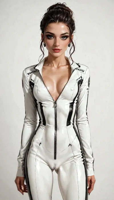 18 yo, young, A fashion model with fair skin is showcased wearing an avant-garde bodysuit, drawing inspiration from Iris van Herpen’s complex, intricate designs and Ross Lovegrove’s futuristic style. The bodysuit is crafted from transparent and clear materials, constructed with an elegant, sophisticated structure. Set against a pristine, clean white background, the image focuses sharply on the model, emphasizing the details of the bodysuit. The rendering aims for a hyper-detailed, high-resolution effect, employing techniques to achieve a photorealistic, hyper-realistic look that captures the fine textures and subtleties of the materials and design., flat, chested, <lora:bdsm_SDXL_1_:.7>, <lora:sexmachine_XL_0_:.5>, <lora:lactation_XL_0_:1>, <lora:flat_chested_v3.5:1.2>, pussylips visible, cameltoe, open chest