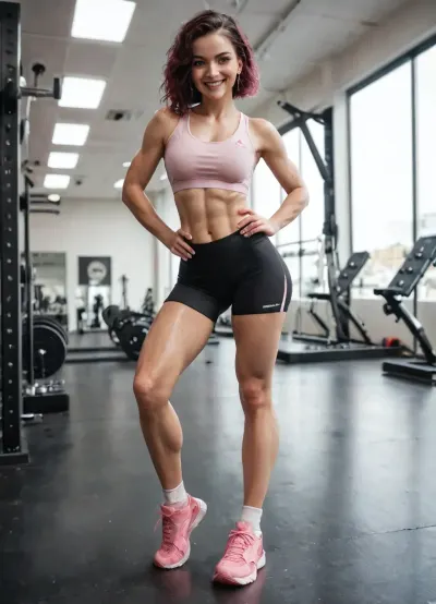 white woman, 45 years old woman, athletic woman, toned body, slim and curvy woman, petite woman, short woman, pretty face, black burgundy hair, large natural boobs, (tight white sports bra), (tight black sports shorts), (pink athletic shoes), in a gym, looking at viewer, smiling, (exposes boobs), (super realistic), (fine detail)