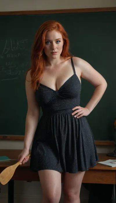 Holding a paddle, 30 year old bright red hair, (very busty), freckle faced Irish lass in a scandalous loose and flowy short sundress, leaned over a desk, chalkboard. Ultra high definition, ultra high resolution, photorealistic, 8k resolution, full body photograph