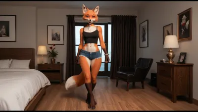 furry anthro female, ((solo girl)), furry anthro fox girl, furry female, furry anthro, furry body, bright fur, furrysdxl, furry anthro girl, anthro, anthropomorphic, full-length, standing in the bedroom, tight black top, denim shorts, choker around her neck, human features, red fox, sexy hips, He holds soft handcuffs in his hands, and his tongue sticks out playfully.
