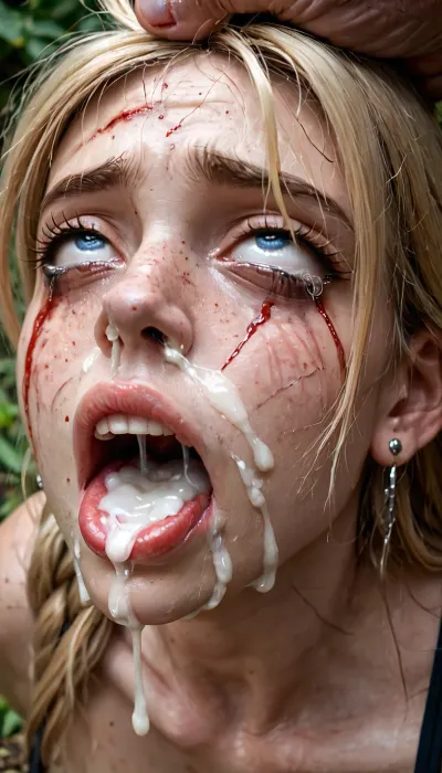 A full bodied cute girl, face down, looking at the camera, fucked deep in her mouth, (throatfucked:1.2), facialized, (cum on her face:1.2), running Mascara, freckles, (passed out:1.4), (fear-filled face:.8), (rolling eyes:1.5), (hair pulling:1.2), (her tits visible:1.3), (big tits:1.1), crying, blonde Hair, pale skin, big fearful eyes, fear in her face, mouth open, (mouth full of cum:1.3), (blood on her Hair:1.2), bloody face, blue eyes, blood on her face, dirty skin, (broken nose:1.3), cracked lips, Bruises on the face