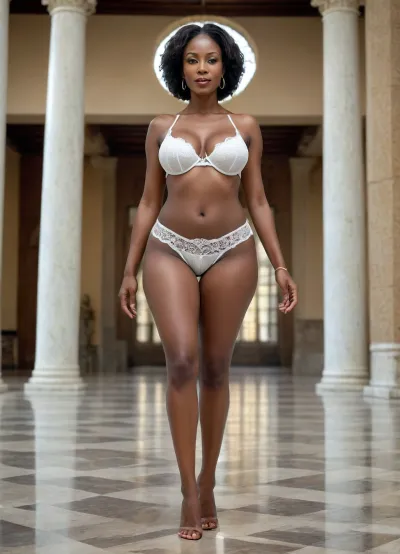 very tall african slim woman, ((50 years old)), with enormous big breasts, dressed only with transparent white lace bra and slip, standing in the temple, very long beautiful legs, full view, posing