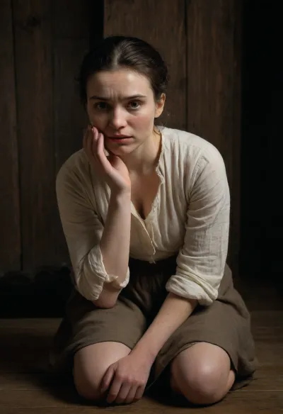 Rembrandt-style image, depicting a moment of intense power. A young woman 25 years old, kneels gracefully on a worn wooden floor, her body angled slightly to the left, head bowed in quiet contemplation. Her posture is one of serene humility, hands clasped gently in her lap. She wears a simple, long linen shirt, coarse-spun and white-colored, the fabric slightly rumpled and showing signs of wear Her dark hair cascades down her back, framing a delicate face with high cheekbones and expressive, downcast eyes. Has her cheeks roughly grasped by a strong hand fat old man's — the fingers digging into her flesh, forcing her mouth open. Her expression is one of terrified resignation, her eyes wide with fear, tears welling. The skin on her cheeks is stretched taut, pale against the stark contrast of the dark hand. The hand belongs to an unseen figure, suggesting dominance and aggression. The woman's dark brown hair is disheveled, framing her face. She wears a simple, worn cotton blouse, the fabric clinging to her slightly. The background is deeply shadowed, only a hint of a dimly lit, rough-hewn wooden wall visible. The lighting is chiaroscuro, dramatic and intense, highlighting the contrast between the pale skin and the darkness. The overall mood is one of oppressive tension and vulnerability. The texture of the skin is lifelike, almost tactile, the wood grain of the wall is roughly hewn, suggesting a rustic and possibly dangerous setting. The composition is tightly framed, focusing solely on the faces and hands, emphasizing intimacy and power dynamics. The overall color palette is limited to deep shadows, pale skin tones, and the subtle hint of blue in the background, enhancing the sense of claustrophobia and impending violence. Wide-angle lens., style, of, Rembrandt, r3mbr4ndt, <lora:r3mbr4ndt_SDXL-step00020000:.5>