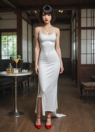 (UHD 8K, masterpiece, best quality, maximum details, extreme realism, cinematic still), (beautiful 35 years old Japanese girl), (((Japanese))), (lounge), black hair, front bangs, bob cut, (small perky breasts), (athletic), (tight white cocktail dress:1.5), (red high heels), (red nail polish), (red lipstick), (gold necklace), (standing)