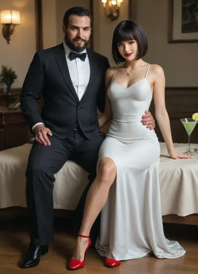 (UHD 8K, masterpiece, best quality, maximum details, extreme realism, cinematic still), (beautiful 35 years old Japanese girl), (((Japanese))), (fancy lounge), black hair, front bangs, bob cut, (small perky breasts), (athletic), (tight white cocktail dress:1.5), (red high heels), (red nail polish), (red lipstick), (gold necklace), (sitting), (seductive smile), (tall muscular bearded Arab man wearing suit:1.7), (hands on another's waist:1.5)