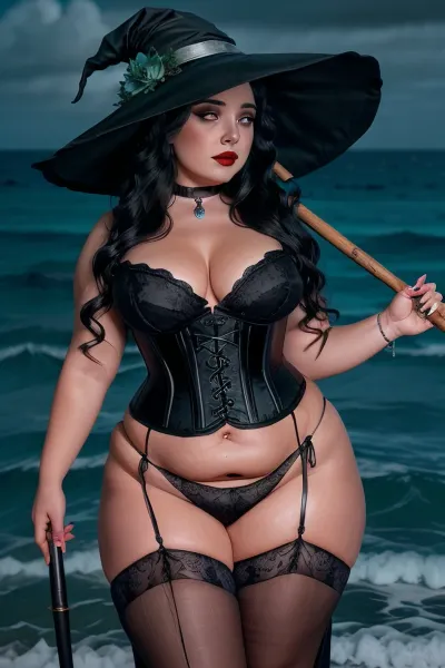 Island Setting, At the edge of the island, where the land meets the endless, stormy sea, a forbidden stretch of beach glows under the pale light of the full moon. The waves crash violently against jagged obsidian rocks, sending ghostly mist into the air.

A half-sunken shipwreck rests on the shore, its broken wooden frame covered in eerie bioluminescent fungi. Scattered bones of past sailors, half-buried in the sand, tell of a curse whispered in the winds.

At the center of the shore, a massive black cauldron bubbles over a fire of blue and green flames, casting strange shadows on the sand. Candles flicker despite the ocean breeze, forming a ritualistic circle around the witch who commands the night.

Model Description, Eva stands before the glowing cauldron, her curvaceous figure enveloped in an elaborate, bewitching gown. The dark purple and black fabric is embroidered with silver runes, hugging her voluptuous frame while leaving her shoulders bare.

The corset-style bodice, laced with shimmering silver threads, cinches at her wide waist, enhancing the dramatic contrast of her hourglass figure. The high slit of her flowing skirt reveals her thick thighs, wrapped in black lace garters attached to dark silk stockings.

Her long black hair cascades wildly, strands whipping in the night wind, framing her deep, sultry eyes. A large, wide-brimmed witch’s hat, adorned with silver charms and small raven feathers, sits atop her head, tilted slightly.

Around her neck, a choker of obsidian and bone pulses with a faint, unholy glow. Her lips, painted the color of blood, curl into an amused smirk as she stirs the mystical potion, releasing a dark, sweet-scented vapor into the air.

Pose and Orientation, She stands with one hand on her hip, the other stirring the bubbling cauldron with a long, gnarled wooden staff. Her hips are slightly tilted, accentuating her voluptuous curves, while her eyes remain locked on the viewer, as if daring them to step closer.

Framing and POV, A medium-low angle shot, capturing her from the thighs up, with the glowing cauldron, cursed shipwreck, and eerie ocean behind her.

Act Description, She is the witch of the cursed shore, a being of seduction and sorcery. Few dare to seek her, and even fewer ever leave., cellulite, Chubby, Plump, Fat, Rolls, <lora:natural_hairy:.5>, <lora:JS_Cellulite:.5>, <lora:Concept_Plump:.5>