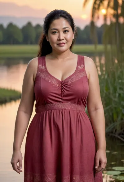 (Photorealistic), (half body photo), A chubby mature Indonesian woman, 58 years old, (fat woman:1.8), (facial wrinkles:1.5), long black hair bun with ponytail style and a serene expression, (natural sagging breasts:1.3), stands elegantly by a tranquil river at sunset. The scene is bathed in a soft, warm light of a peachy-orange and violet sunset, creating a dreamy, impressionistic, and hyperrealistic atmosphere., (wearing maroon color sleeveless house dress with low cleavage:1.5), . The lake reflects the warm hues of the sky, showing lily pads and the silhouettes of trees on the far shore. The background features tall, swaying reeds and the silhouette of trees, further adding to the peaceful, tranquil scene. A soft glow envelops the entire image, giving it a dreamlike quality. NEGATIVE_HANDS
plump, skindentation, chubby, venus, body, big, ass, <lora:Chubby BBW - XL:.5>