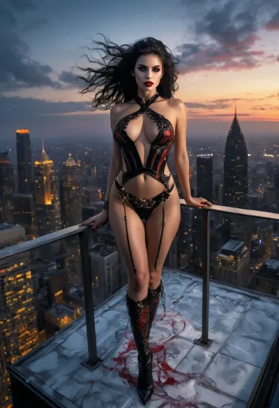 Tall, sexy busty, full body shot, black, black gothic makeup, a beautiful female harlequin, tall, beautiful perfect figure, perfect tall legs, charming eyes, sad yet gracious face, (midnight on the roof of a skyscraper background:1.3), fantasy art capturing the style of Aaron Horkey, Jeremy Mann and Luis Royo, body-focused composition from a low angle, alluring figure, dark fantasy, dynamic composition, white colors, red lipstick, warm hues, rendered in colorful ink flow, showcases acrylic calligraphy, watercolor techniques integrated seamlessly into a maximalist masterpiece, detailed with gouache fluidity, golden hour light