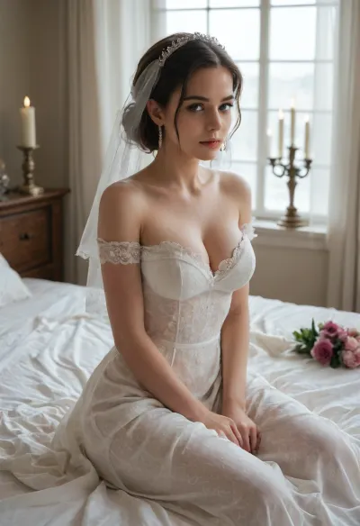 1girl, breasts, solo, dress, sitting, indoors, veil, wedding_dress, cleavage, bed, black_hair, window, bridal_veil, looking_at_viewer, white_dress, on_bed, jewelry, candle, candlestand, bride, pillow, curtains, flower, earrings, large_breasts, collarbone, realistic, short_hair