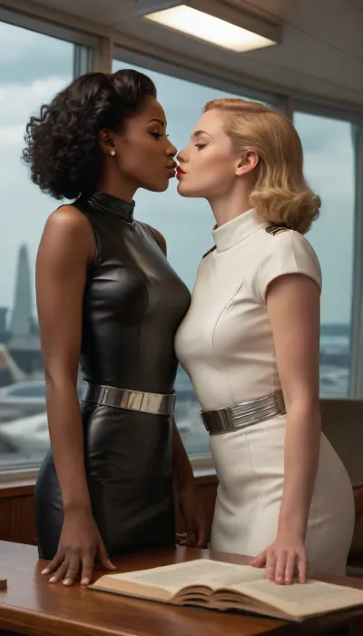 A fair condition, aged and battered vintage science fiction book cover, (showing a interracial lesbian couple consisting of a young black woman and a young WHITE woman in sleek retrofuturistic uniforms that are kissing each other sensually), . They are in front of a large glass window. Outside, in the far distance, we see a 1950s style rocket ship on a launch pad. There is much technology in the background. Show the book sitting on a wooden table. You see all of the book, including the pages. The only writing on the front of the book is the English letter in the top left corner