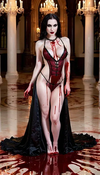 (girl Looks like a vampire queen, smiling, veiny skin, visible pussy, standing, dancing, dance, from vagina is blood dripping, blood under the pussy, 2 long sharp teeth fangs, very pale skin, strong gothic makeup:1.5), (mini, wet, slim, very tightly fitted, sexy, short, crop, nylon, tight, satin, transparent, gothic style costume:1.6), slight smile, candle lighting, (ball gown, deep cleavage), (big nude tits out), (blood puddles on floor, floor is full blood:1.6), elite high class ball, beautiful victorian ball room, large ball room lined with expensive paintings, photorealistic, intricate detail, depth of field, striking eyes, captivating eyes, (veiny skin:1.5), mesmerizing eyes, glittering eyes, porcelain skin, elegant neck, wide eyes, narrow defined jawline, high defined cheekbones, (full body view:1.5), titsqueeze, fangs, cockbiting, bitingshaft, vampirebiting