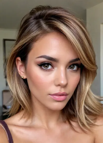 (Latina, makeup model, hair model, stunning actress:1.8), (intimate snapshot, snapshot aesthetic:1.5), (focus on eyes, flawless complexion, soft smoky eyes, full brows, mauve-pink lips, natural elegance, subtle sophistication:1.4), (sultry eyes, long eyelashes, adorable, bashful expression, shy pose, delicate features, pixie features:1.2), (tousled hair with honey-brown roots, wet-look styling, side-swept bangs, textured layers, slightly messy aesthetic, golden highlights, asymmetric hair, hair product, slicked hair:1.5), (seductive, sultry, sexual tension, sexual anticipation, sexual attraction:1.4), (natural lighting, naturally lit, ambient lighting:1), (soft shadows on her face:.9), taken with a smartphone camera, snapshot style, point-and-shoot, shallow depth of field, (natural phone bokeh, lens flare:1.1), slightly off-center composition, natural framing, soft focus on background, ziprealism, igbaddie, <lora:igbaddie-XL:.4>
