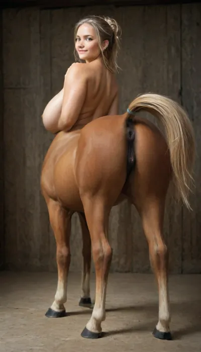 Centaur, human torso mare body, horse body, realistic photography, soft lighting, soft shadows, high quality, (hyper-detailed), (blonde with natural saggy breasts), (centaur-girl is spreading her gaping mare-pussy for the viewer), ((mare-teats)), (looking back at viewer:1.2), (smirk:1.11), animal anatomy, champagne blonde horse, tail up, beautiful tail, full body, four horse legs, view from behind, <lora:259755_training_data:1.5>, <lora:centaurs_042_merge_sdxl:1>