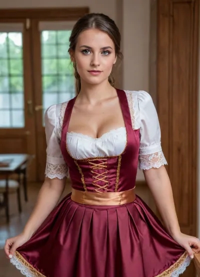 Un moment intemporel : portrait glamour d'oktoberfest tourné avec fujifilm xt3 - une capture parfaite d'une brune allemande de 23 ans dans le dirndl traditionnel

- Oui.

Dans un cadre UHD de 8K, capturé par le Fujifilm XT3, une jeune femme brune allemande, âgée de 23 ans, aux cheveux longs attachés dans une queue de cheval et au sourire radieux, se dresse au milieu des festivités d'Oktoberfest. Son superbe corps en sablier est revêtu d'un court dirndl en satin satiné sans épaule orné d'un tablier en dentelle métallique et d'un ruban en satin cuivre. Le moment, empreint d'amour et de glamour, est un chef-d'œuvre qui présente parfaitement ses belles mains, 5 doigts sur chaque main, et ces yeux bruns captivants. Son esprit brille alors qu'elle regarde attentivement la caméra.