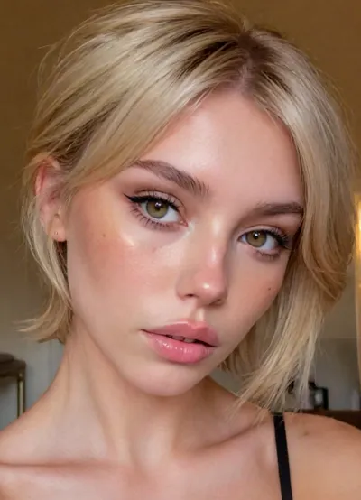 (close-up portrait, flawless and radiant skin, soft smoky eyes, full brows, mauve-pink lips, natural elegance, subtle sophistication), (seductive attitude, hungry expression, sultry eyes, long eyelashes:1.2), (intimate snapshot, snapshot aesthetic:1.5), (tousled short blonde hair with honey-brown roots, wet-look styling, side-swept bangs, textured layers, slightly messy aesthetic, golden highlights, pixiecut hair, asymmetric hair:1.5), (sexual tension, sexual anticipation, sexual attraction:1.4), (natural lighting, naturally lit, ambient lighting:1), (soft shadows on her face:.9), taken with a smartphone camera, snapshot style, point-and-shoot, shallow depth of field, (natural phone bokeh, lens flare:1.1), slightly off-center composition, natural framing, soft focus on background, ziprealism, igbaddie, <lora:igbaddie-XL:.8>, perfecteyes, <lora:PerfectEyesXL:.4>