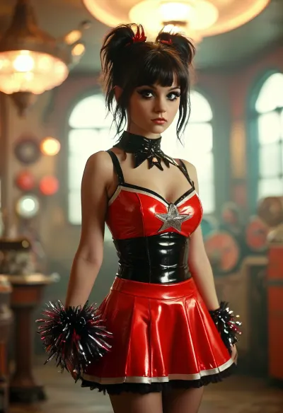 1960s scifi Goth emo steampunk cheerleader, bimbo, cleavage, sexy legs, huge breasts, <lora:MJ52:.8>