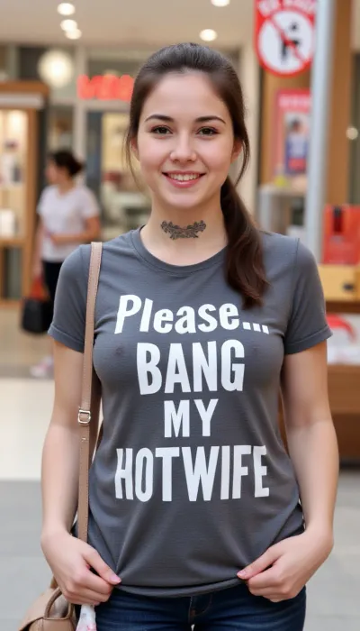 A japanese girl is 25 year old, (brown hair ponytail), japanese hot woman stands in a shopping street., (♠️ QOS tattoo on the neck), . She wears a color t-shirt, handbag, smiling, very red lipstick
On her t-shirt is a Text printed in large letters "Please... BANG MY HOTWIFE"