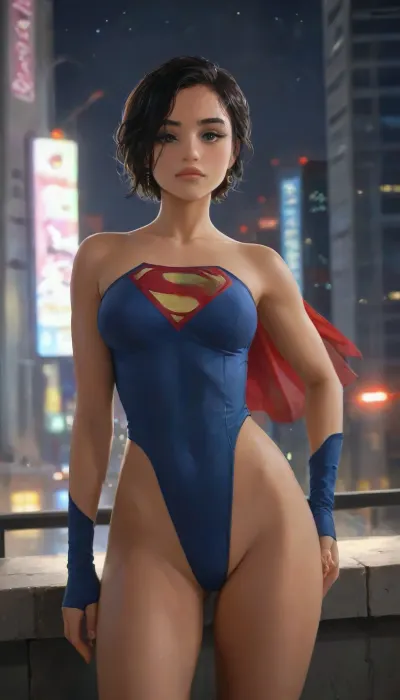 (masterpiece, best quality, absurdres), 1girl, solo, cowboy shot, green eyes, young dark-skinned supermodel female, looking at viewer, hands on hips, glowing, skimpy intricate Supergirl outfit, hourglass body, muscular, outdoors, Futuristic Cyberpunk Metropolis City The Daily Planet Building below, night, on rooftop, highlydetailedbody, realisticface, highlydetailedhair, insanelydetailed, 8K.highdetailedskin, highresolution, perfectfingers, (j_cartoon:1.5), Drawing., tyxla, <lora:tyla_juggerX_xl_1_st_wocap-tyxla-000086:1>, DCEU, Supergirl, <lora:Supergirl:.5>, <lora:samdoesarts1.1-000030:.4>, <lora:J_cartoon:.3>, <lora:Animated_Concept:.4>