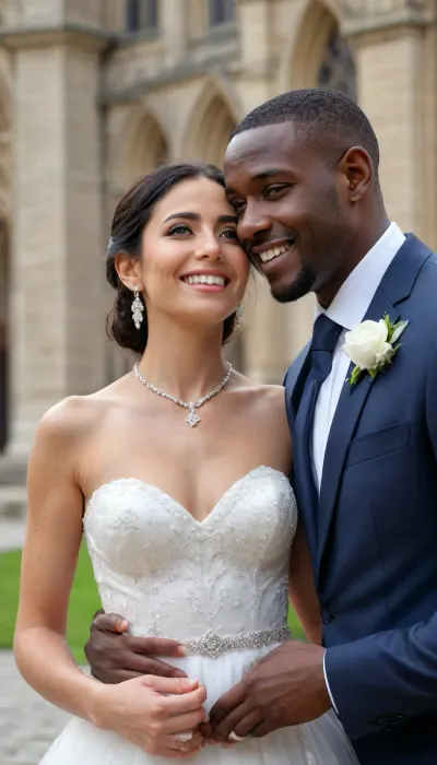 8K resolution, best quality, ultra-detailed, masterpiece, highly detailed, wedding photo, 1girl, sunny day, perfect body woman, skinny women, black hair, 60yo women, old milf, short sexy wedding dress, 18yo huge young black man, happy smile, interracial couple, outside, cathedral, girl looking at viewer, Necklace, Earrings, wedding ring