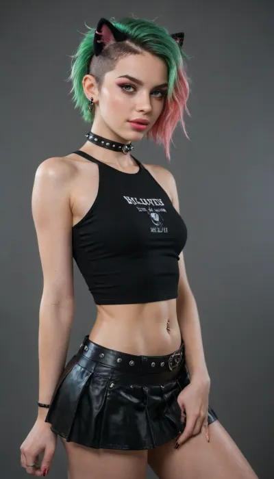 Middle age woman, long, narrow, Face, black cat ears, bright neon green hair, pink bangs hair, punk style clothes, tongue, Piercing, noise Piercing, curvy body, small breasts, spiked color, black leather choker, black leather top, punk skirt, sp1k3, choker, edgpskirt, wearing, punk, skirt, <lora:edgPunkSkirt:.8>