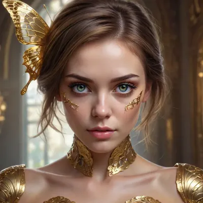 photo, 8k portrait of beautiful cyborg with brown hair, intricate, elegant, highly detailed, majestic, digital photography, art by artgerm and ruan jia and greg rutkowski surreal painting gold butterfly filigree, broken glass, (masterpiece, sidelighting, finely detailed beautiful eyes:1.2), hdr, realistic, high definition, <lora:add-detail-xl:-1>