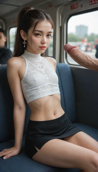 UHD, on a public bus, beautiful 23 year old girl, ((4ft 8 inches tall, Chinese, flat chest, thin, wearing micro skirt and crop top)), flashing boob to a man sitting a cross, winking, man bulges huge cock in his pants, drooling