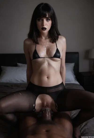 1 African man, 1 pale clothed mature woman kneeling, dimly lit, (((UHD 8K, masterpiece, best quality, maximum details, extreme realism, cinematic still))), (in bedroom), (((black mini bikini)), ((ripped pantyhose)), (black lipstick and mascara)), (((((black hair and bangs))))), bangs haircut, ((tiny breasts), cleavage), ((sagging)), ((hands behind back)), (huge cock:1.8), (cowgirl anal sex:2.5), (cum on cleavage:1.9), (vaginal creampie:2), close-up, (((pov))), sagging, breasts, <lora:sagging-000015:.55>, r3tro_cumshotz, cum, dripping, thick, white, retro, cumshots, <lora:r3tro_cumshotz  SDXL Lora:.6>, <lora:dark:.3>, raw, lighting, overexposed, harsh, <lora:Rawfully Stylish v0.2_epoch_20:.4>