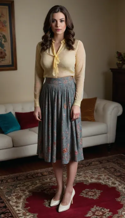 A busty young brunette woman, positioned in the center-left of the image, is standing on a patterned rug. She is wearing a light yellow sheer blouse with long sleeves, her perfect gigantic round natural breasts pressing against the blouse, and a light brown, textured midi skirt. She is wearing white shoes. A red flower-shaped hair clip is placed on her hair, adding a pop of color. Her expression is neutral, and her hair is long and dark brown. She has a medium build. The light is soft and diffused, casting no harsh shadows. The background shows a white couch with dark blue throw pillows. The overall style is fashionable and modern, with a touch of vintage flair. The carpet is cream-colored with teal and pink floral patterns, adding texture and color. The lighting is balanced, highlighting the woman's features and the clothing's texture without harsh contrasts. The perspective is slightly downward, viewed from the side, focusing on her pose and the patterned rug. The image is well-composed and showcases details of the clothing, accessories, and environment.