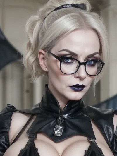 close up face view, face portrait view, naked, German dominatrix, show large silicone tits, metal collar, evil mistress, blonde, perfect face, short ponytail, platinum blonde hair, bob hairstyle, glasses, big boobs, mature 45 years old, very old, British headmistress, gran, grandma, facial wrinkles, black lipstick, 45 years old, beautiful German mistress dominatrix, dominatrix, cute tall nose, dark blue lipstick, pale skin, wearing glasses, angry attitude, arrogant attitude, dominant face, bitchy face, angry disapproving at the viewer, looking at the viewer, intense stare, look at the viewer, eye contact, <lora:breastsizeslideroffset:.55>, <lora:age_slider_v20:1>