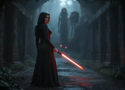 STar Wars, UHD 8K, extreme realism, maximum detail, Busty 18 year old redhead girl, slim figure, tight butt, wavy intense dark-red hair, sexy butt, detailed skin, real lighting, the girl is In the jungle at night. The battles between the Jedi and the Sith take place in the background., she is a Sith, wearing a dark, tight robe with a chic leather collar. She holds a blaster, ((Very pale skin)), ((red eyes)), ((black hood)), ((general plan)), ((view from front 1.5)), Darth, Maul, ((NightScapes)), bleakfaith, science, fiction, scenery, armor, red, eyes, glowing, suit, statue, hood, holding, a, weapon, sword, <lora:518653_training_data:.5>, <lora:NightScapes_XL14:.6>, <lora:bleakfaith:.5>