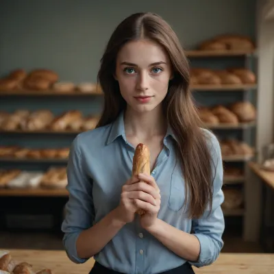 Woman in bakery, vibrant grey-blue eyes standing NEXT to desk, Woman is 21 yo, tall and skinny, beautiful symmetric face, freckles, shy, innocent, big eyes, slight shy smile, wide mouth, wide lips, Polish, dark very long straight hair, clothed in baker’s aproon, giving a baguette to the viewer, fixed fingers, perfect fingers, unbuttoned shirt, delicate necklage on her nick, golden heart-shape pedant