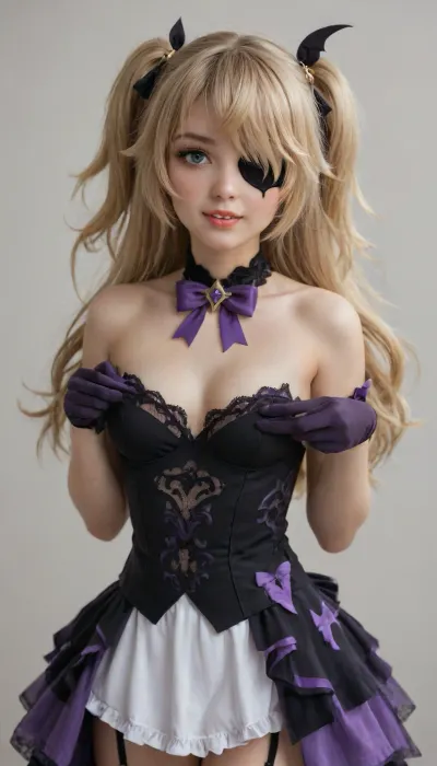 ï¼1girl, fischl_\, (genshin_impact\), solo, eyepatch, green_eyes, two_side_up, blonde_hair, breasts, gloves, fang, long_hair, looking_at_viewer, bow, smile, open_mouth, skin_fang, garter_straps, bare_shoulders, purple_bow, white_background, bangs, small_breasts, bowtie, hair_over_one_eye, feathers, hair_ribbon, ribbon, dress, simple_background, medium_breasts, blush, <lora:菲谢尔:.5>