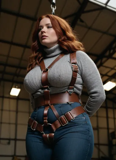 (Heavy parachute harness with very many thick dark brown straps), close up body view from the side, slightly chubby redhead with huge tits and a fat ass, wearing a fluffy thick grey irish wool turtleneck sweater and tight long stonewashed jeans, (wearing a safety parachute harness with many dark brown puffy nylon straps), hanging in her harness from the ceiling of an immense airplanehangar, suspended in the parachute harness high above the floor, gloved hands bondage strapped, no nipples, no parachute, best quality, timberland shoes, perfect lighting, ultra high detail, <lora:bdsm_SDXL_1_:1>