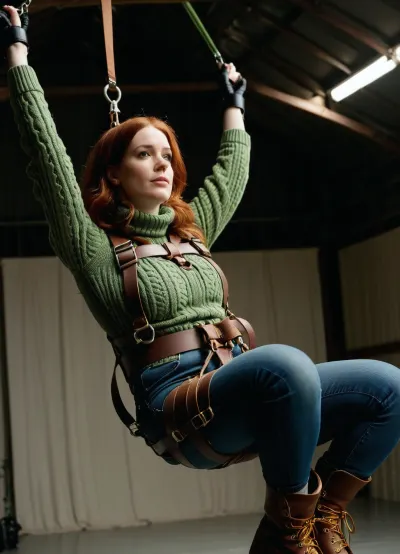 (Heavy parachute harness with very many thick dark brown straps), close up body view from the side, slightly chubby redhead with huge tits and a fat ass, wearing a fluffy thick green irish wool turtleneck sweater and tight long stonewashed jeans, (wearing a safety parachute harness with many dark brown puffy nylon straps), hanging in her harness from the ceiling of an immense airplanehangar, suspended in the parachute harness high above the floor, gloved hands bondage strapped, best quality, timberland shoes, perfect lighting, ultra high detail, <lora:bdsm_SDXL_1_:1>