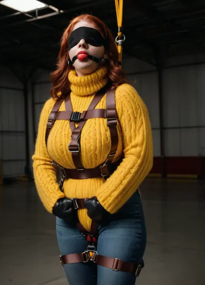 Slightly chubby redhead, matte black ballgag, blindfold, headphones, no lipstick, no makeup, high detail, natural skin, <lora:gagged-4e:1>