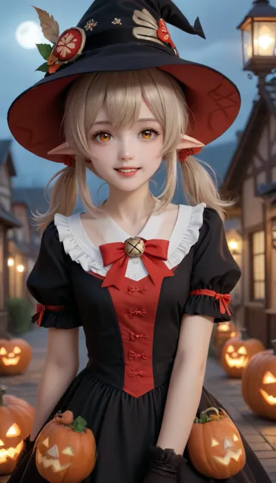 ï¼1girl, witch_hat, hat, smile, gloves, solo, klee_\, (genshin_impact\), long_hair, looking_at_viewer, black_gloves, bangs, hat_bow, short_sleeves, alternate_costume, bow, d, clover_print, orange_eyes, light_brown_hair, ahoge, sidelocks, frills, twintails, low_twintails, puffy_sleeves, open_mouth, hair_between_eyes, symbol-shaped_pupils, halloween, lantern, puffy_short_sleeves, teeth, pointy_ears, ribbon, hair_ornament, red_bow, bowtie, sky, hat_ornament, night, halloween_costume, witch, dress, <lora:可莉:1.5>