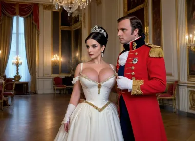uber realistic image, fullcolor image, full body view, 8K quality, ultra detailed, masterpiece, ((Napoleon Bonaparte and Josephine)), dressed as a general in Napoleon's army, in the ceremonial hall of Versailles, grabbed a woman by the breast, a woman in an 18th century French ball gown with an extremely deep neckline, (she has black hair), no nipples, extreme cleavage, side view, whole body in frame, whole body visible, large, breasts, big, boobs, huge, tits, <lora:bombshell_v2:2>