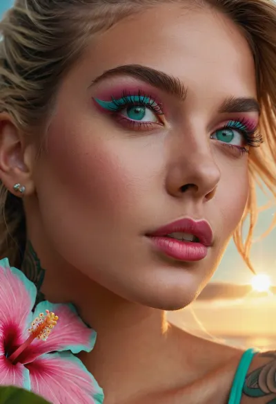Hyperrealism, extreme close-up Portrait of a beautiful, stunning unique female character. She has large turquoise eyes filled with joy and excitement, extravagant eyelashes, making this image a masterpiece of photography and digital art. Style, realistic hyper-detailed rendering, 32k UHD, expressive eyes, punk, graphic design, pink hibiscus tattoo, girl's face, side view, pretty and cute, gleaming lips, white skin, telling a tale of adventure. Exuding confidence and serenity. Vibrant tattoos adorn her sun-kissed skin