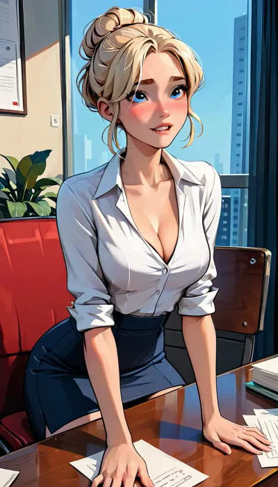 White blonde hair in a bun, blue eyes, office outfit, (giant tits:1), sitting on table, mini skirt, (flushed cheeks, blushing desperately horny:.8), (eye contact, devious expression, lip bite:1.2), score_9, score_8_up, score_7_up, score_6_up, (j_cartoon:1.5), Drawing, <lora:samdoesarts1.1-000030:.4>, <lora:J_cartoon:.4>, <lora:Animated_Concept:.4>