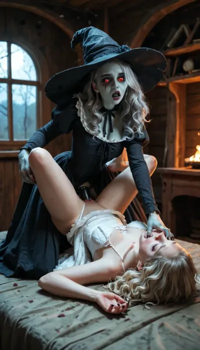 extremely old witch hag, extremely fat, zombie, grey hair, ugly witch, evil witch, monster witch, nightmare witch, witch robe and hat, claws, (strap-on fucking kissing 20 y/o girl, cute BLONDE girl, white victorian era dress), missionary position, kissing the girl, in a dark demonic scary cabin, out in the woods, at night, intricate detail, cinematic masterpiece