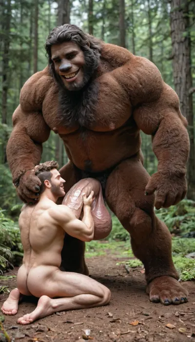Gay sex hardcore, gay beast on human, bigfoot crearure fucking male human hunter, foot worship, feet, big feet, cum, giant furry bigfoot, brown fur, bigfoot gigantic penis, bigfoot gigantic balls, bigfoot muscular body, nude bigfoot, bigfoot huge arms, bigfoot much taller than human male hunter, human male hunter ripped clothing, bigfoot fucking human boy, human male hunter, bigfoot smiling, happy bigfoot, bigfoot drooling, forest, sequoias, daylight