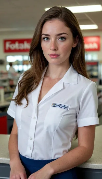 Woman. She is a gas station attendant, standing behind the counter. She is brunette, with long hair and freckles. She is wearing her work uniform. She has a beautiful face. Her shirt is open, and she is exposing her natural breasts.