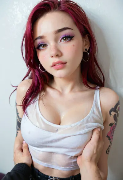 1girl, leaning on wall, sexy face, messy bun hairstyle, sexy, cute face, lip bite, bangs, medium hair, long hair, brown eyes, shy, submissive, scared, a few freckles, nose blush, small round firm boobs, cleavage, chest up, strappless white top, breast grab, male viewer has one hand squeezing breast hard, pov male viewer has one hand down girls's pants, boob focus, pov, close up, eyeliner, thick, graphic, eyelashes, <lora:406734_training_data:1.4>, sggirl, emo, tattoo, pale, cold, lighting, blue, hair, red, purple, <lora:SG_emo_girl_SDXL:.8>, TattooVariations, <lora:TattooVariations:.8>, flat, chested, <lora:flat_chested_v3.5:.8>