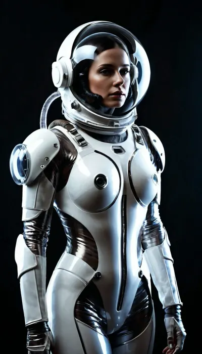A full body view of a nude female astronaut wearing a futuristic helmet with transparent 100/100 sections, revealing an intricately designed breathing apparatus with metallic tubes and wires. She has a contemplative expression, set against a dark background, highlighting the sleek and modern design of her space gear. The overall tone blends realism with a sci-fi aesthetic.