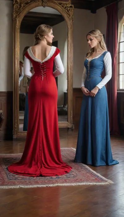 uber realistic image, fullcolor image, full body view, 8K quality, ultra detailed, masterpiece, inside a medieval baronial castle, ((a woman in blue jeans and a sexy white top is standing with his back to the viewer)), in front of full length mirror, ((woman sees his reflection dressed in red medieval dress with very large neckline)), super detailed image, full length, detailxl