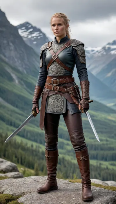 1 Woman, A stunningly beautiful Scandinavian woman, mountain range in the background, dark smooth clouds, fjord, (mighty alpine forest:1.1), Standing on stone, (dynamic pose:1.3), (Dynamic lighting:1.3), (detailed shadows:1.3), realistic, 4k, highest quality, best image, (Detailed Traditional nordic chainmail hauberk:1.1), (Traditional nordic leather pauldrons:1.1), (Traditional nordic leather boots:1.1), (Traditional nordic leather pants:1.1), (Traditional nordic leather gloves:1.1), (Traditional nordic bracers:1.1), (bone necklace), (side of head shaved, asymmetric hair), (muscular physique:1.1), (defined abdominal muscles:.5), (traditional leather belt:1.1), (big belt buckle:1.4), (detailed sword scabbard:1.3)