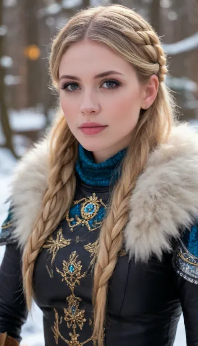A fiercely proud Nordic girl stands, her presence exuding unwavering strength. Her blonde braids cascade down her back, framing a face marked by determination and resilience. This stunning portrait captures her piercing blue eyes, reflecting the icy landscapes of her homeland. The intricate details of her embroidered Viking armor and fur-lined cloak speak of her warrior spirit. This high-quality painting seamlessly combines power and grace, drawing the viewer into the captivating story of a fierce Nordic warrior princess. body manipulations, divine proportion, non-douche smile, gaze into the camera, holographic shimmer, whimsical lighting, enchanted ambiance, soft textures, imaginative artwork, ethereal glow, silent Luminescence, whispering Silent, iridescent Encounter, vibrant background, full body, (((rule of thirds))), high quality, high detail, high resolution, (bokeh:2), backlight, (long exposure:2)