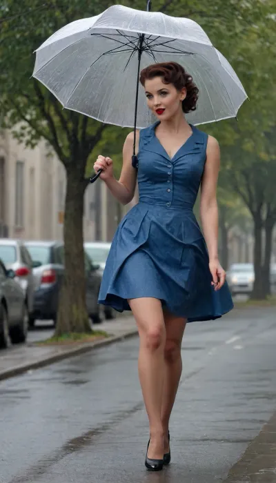 1 girl, pin-up, in 50s clothes, 50s dress, 50s skirt, 50s stockings, walking, walking down the street, in the rain, rain, strong wind, very strong wind, pulls out umbrella, dress lifted up by wind, skirt lifted up by wind, stockings visible, flash of stockings, no panties